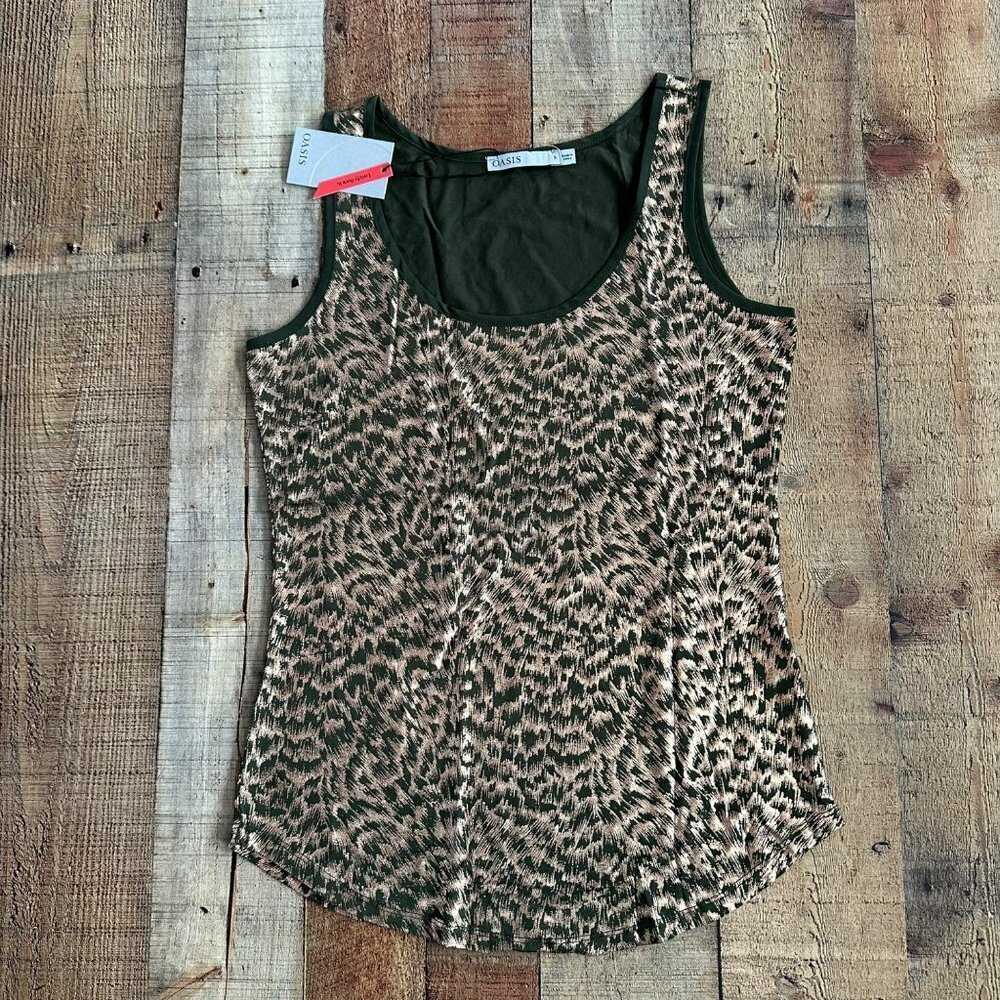 Oasis vest with foil print in khaki green sleeveless tank top -S